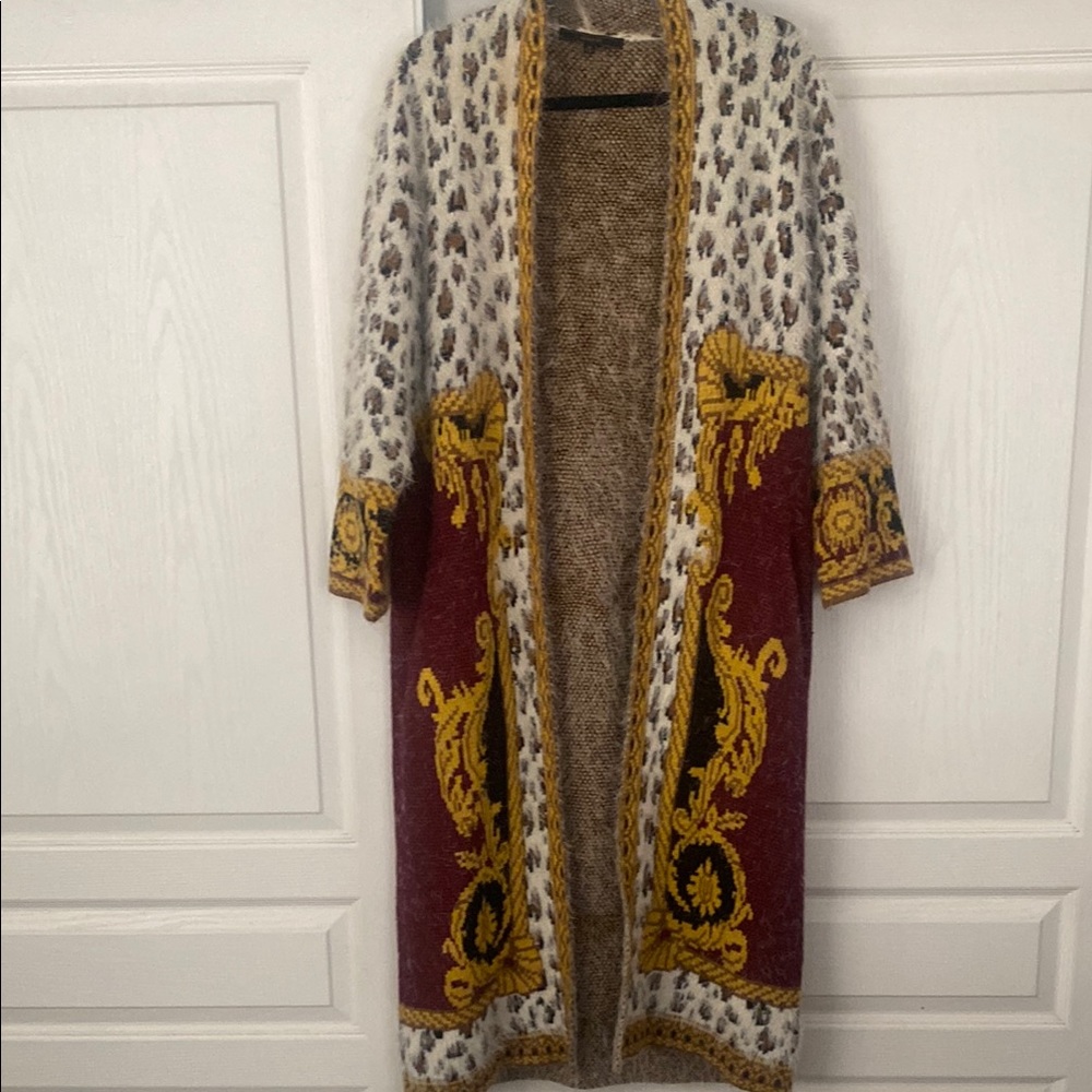 MAXSPORT-Leopard Print Long Cardigan with Gold Accents
